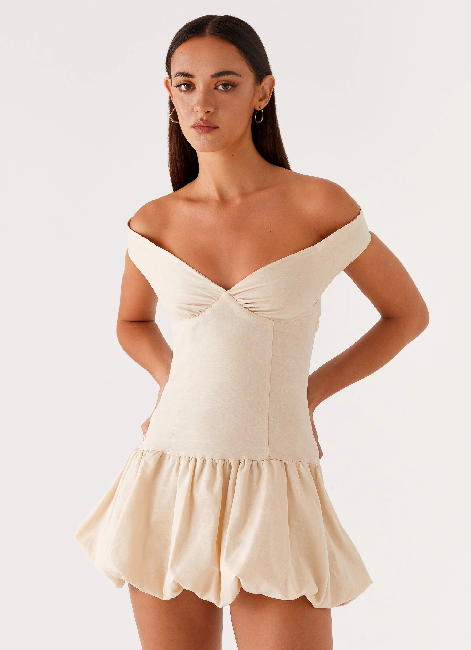 Subtle design Endless Romance Off Shoulder Mini Dress - Butter