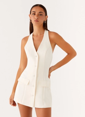 Mira Halter Neck Mini Dress - Ivory Lower Hem soft look