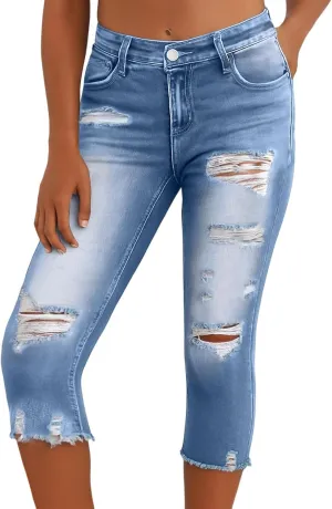 Stretch Jean Capris for Women Ripped Low Rise Jeans Vintage Distressed Jeans Raw Hem Denim Capri Pants with Pocekts