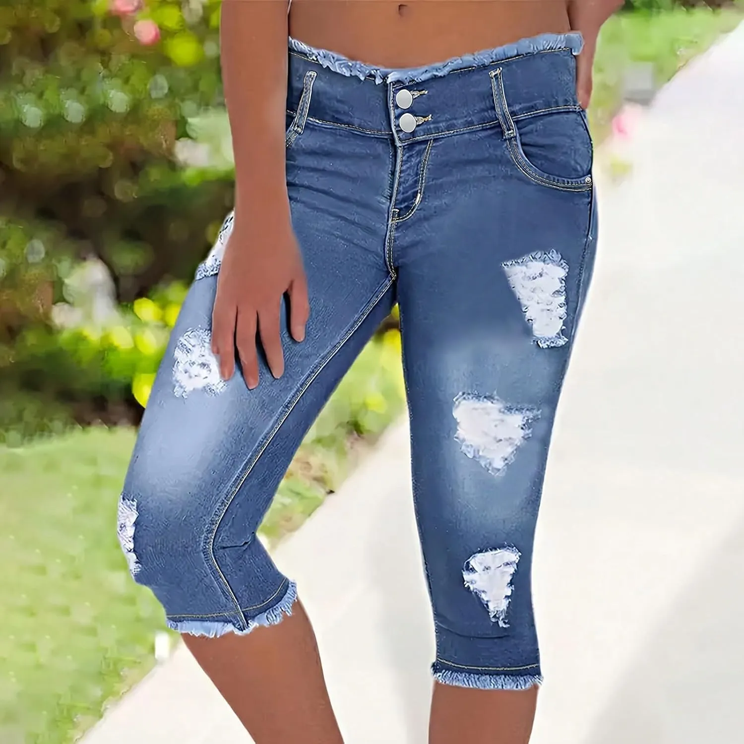Stretch Jean Capris for Women Skinny Low Rise Ripped Jeans Vintage Distressed Jeans Butt Lift Capri Pants with Holes