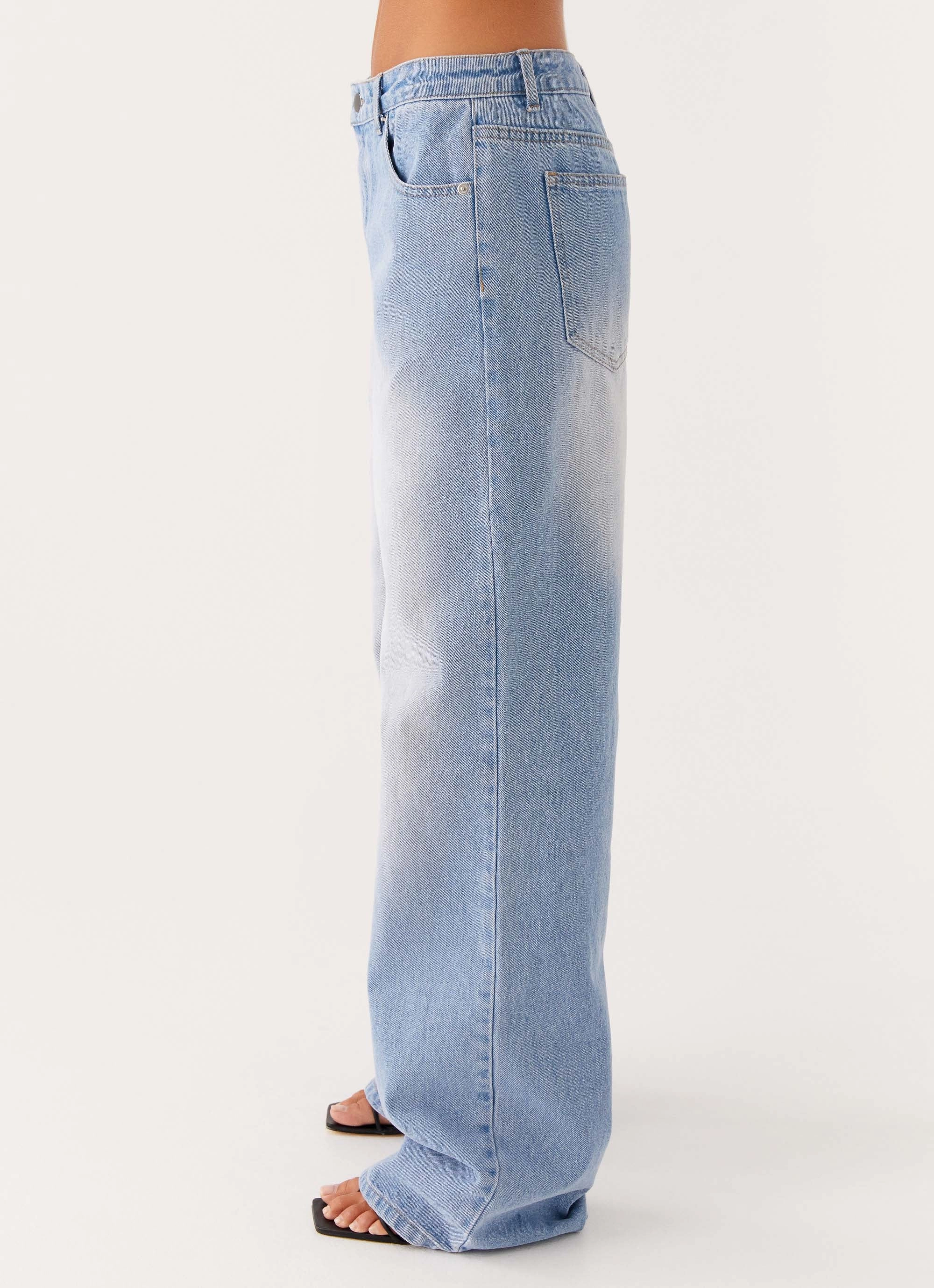Back Again Straight Leg Denim Jeans - Light Wash Blue Utility Style