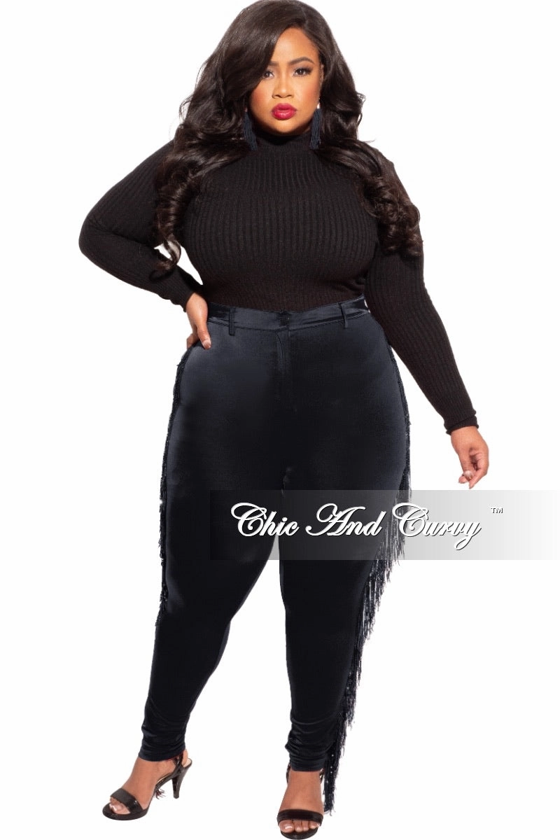 Long Use Final Sale Plus Size Black High Waist Pants with Iridescent Sequin Fringe Trim