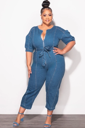 Fit Control Low Bulk Final Sale Plus Size Cropped Zip-Up Wide Leg Jumpsuit in Dark Denim