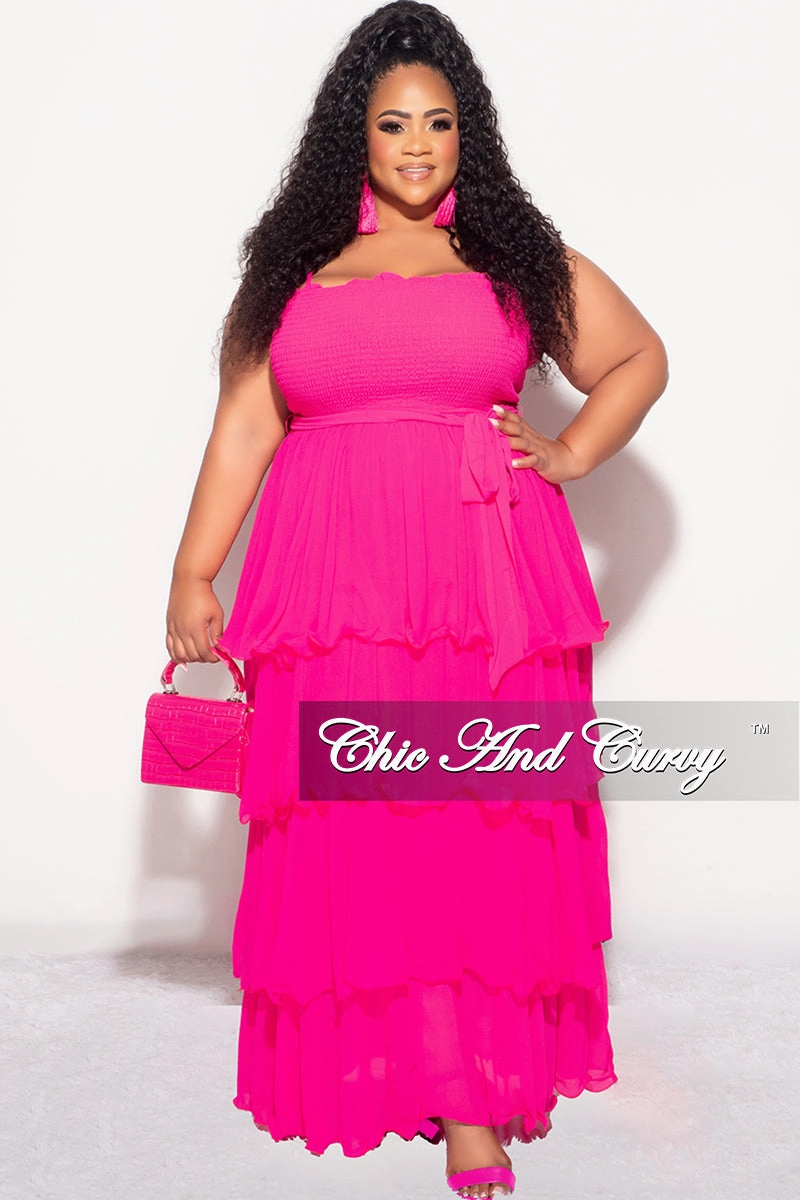 Flexible shape Active Appeal Final Sale Plus Size Spaghetti Strap Chiffon Frill Ruffle Dress in Fuchsia