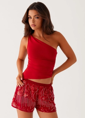 Comfy Wearable Lightweight Fabric Mercer Sequin Mini Shorts - Red