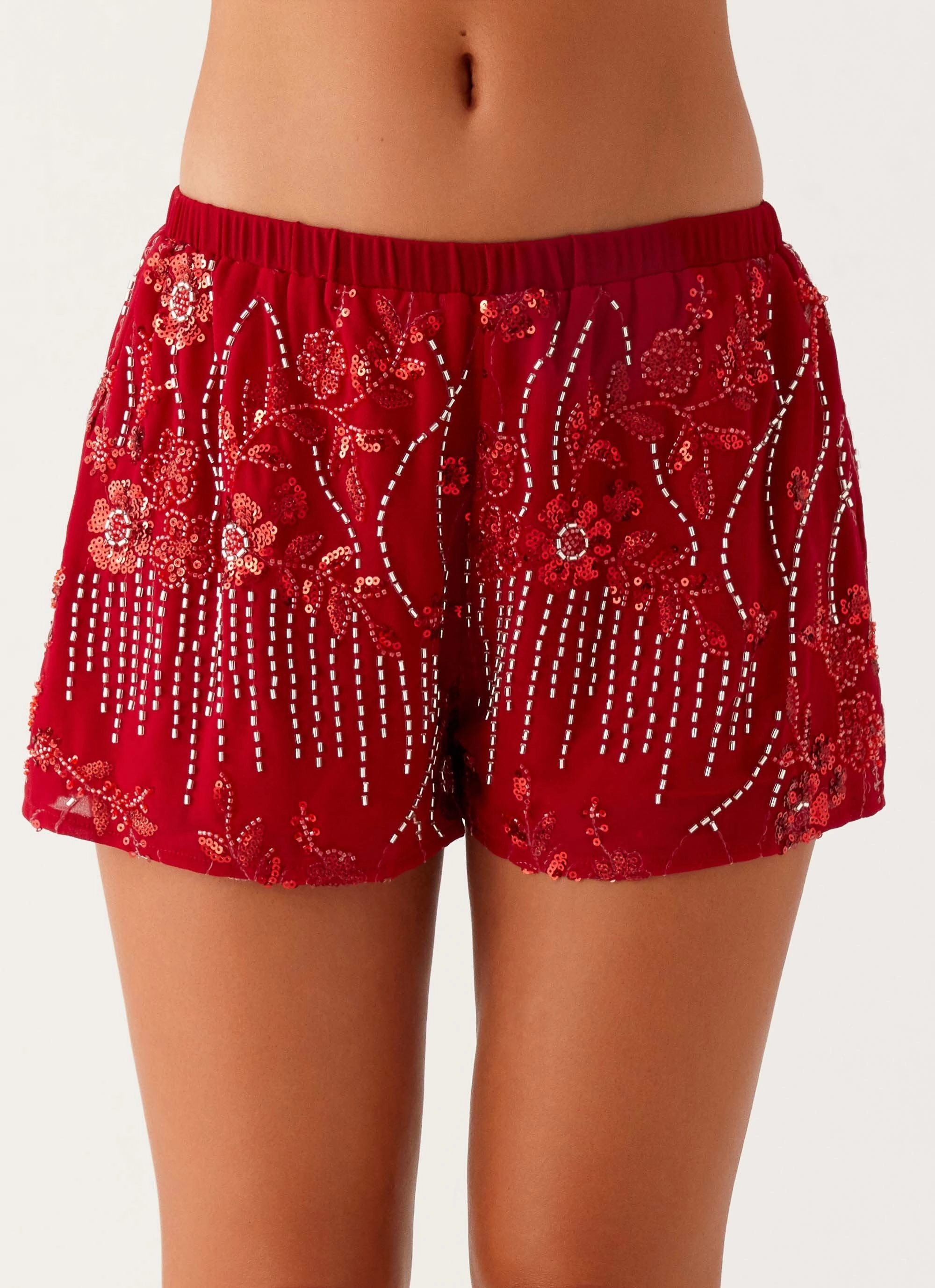 Non Irritating No Chafe Mercer Sequin Mini Shorts - Red