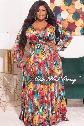 Air Flow Final Sale Plus Size Faux Wrap Dress with Waist Tie in Multi Color News Print