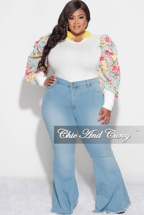 Quick Dry Wear Final Sale Plus Size Long Sleeve Ribbed Top with Puffy Sleeves in Yellow Multi Floral Print