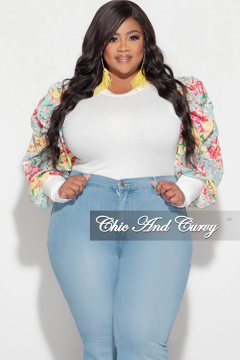 Effortless Layer Wrinkle Free Fabric Final Sale Plus Size Long Sleeve Ribbed Top with Puffy Sleeves in Yellow Multi Floral Print