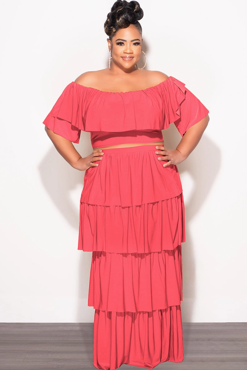 Final Sale Plus Size 2pc Ruffle Tiered Off the Shoulder Crop Top Maxi Skirt Set in Coral Cozy and Relaxed
