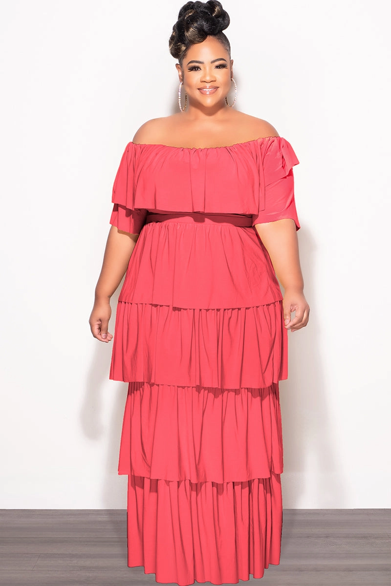 Final Sale Plus Size 2pc Ruffle Tiered Off the Shoulder Crop Top Maxi Skirt Set in Coral Casual Layer