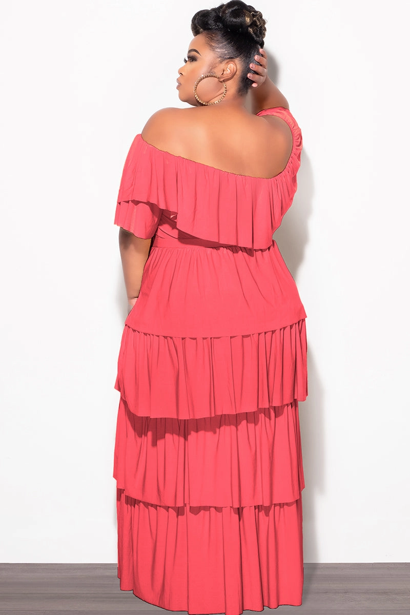 Light Shape Shape Flex Final Sale Plus Size 2pc Ruffle Tiered Off the Shoulder Crop Top Maxi Skirt Set in Coral