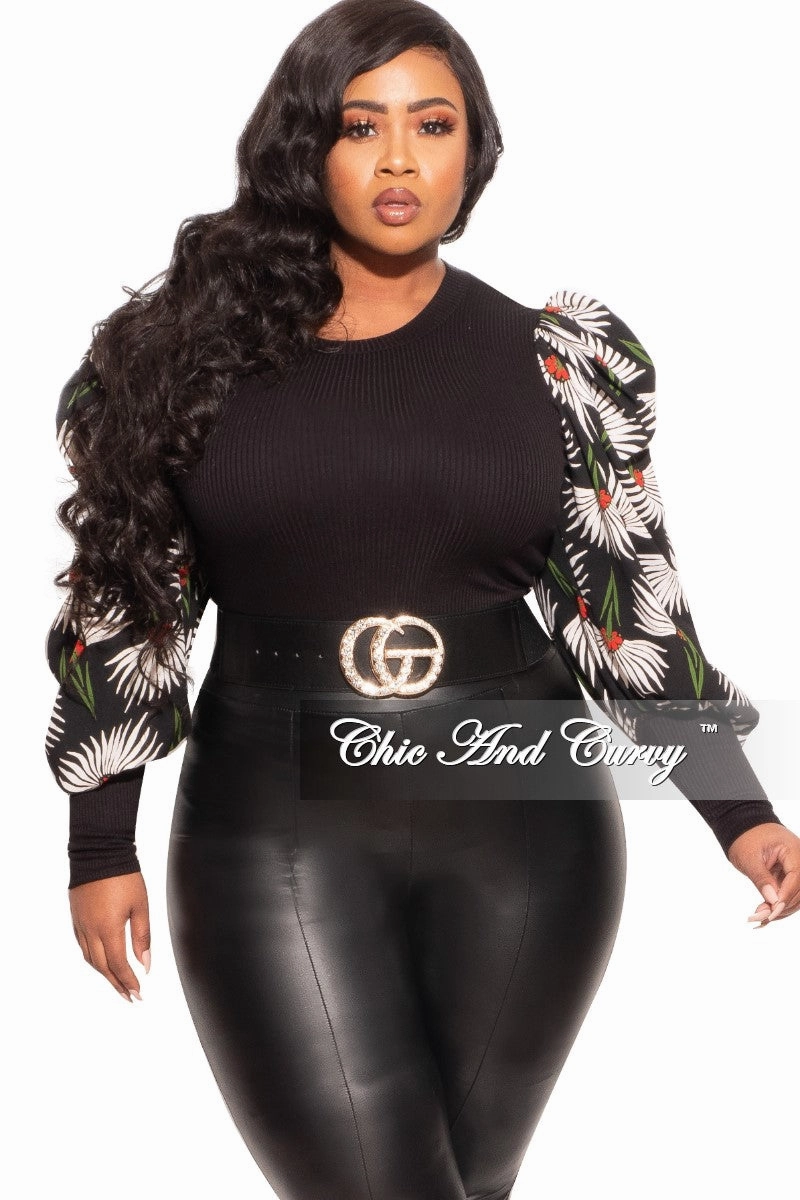 Snug Fit Smart Casual Final Sale Plus Size Long Sleeve Ribbed Top with Puffy Sleeves in Black Floral Print