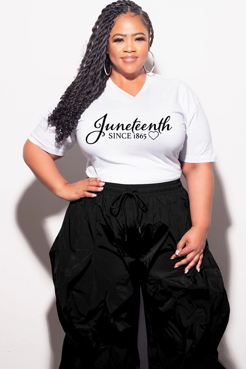 Simple Comfort Wear Final Sale Plus Size Oversized Unisex V-Neck White T-Shirt Juneteenth since 1865