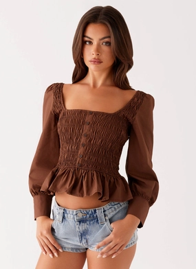Elasticized Waistband Joyce Long Sleeve Shirred Top - Chocolate