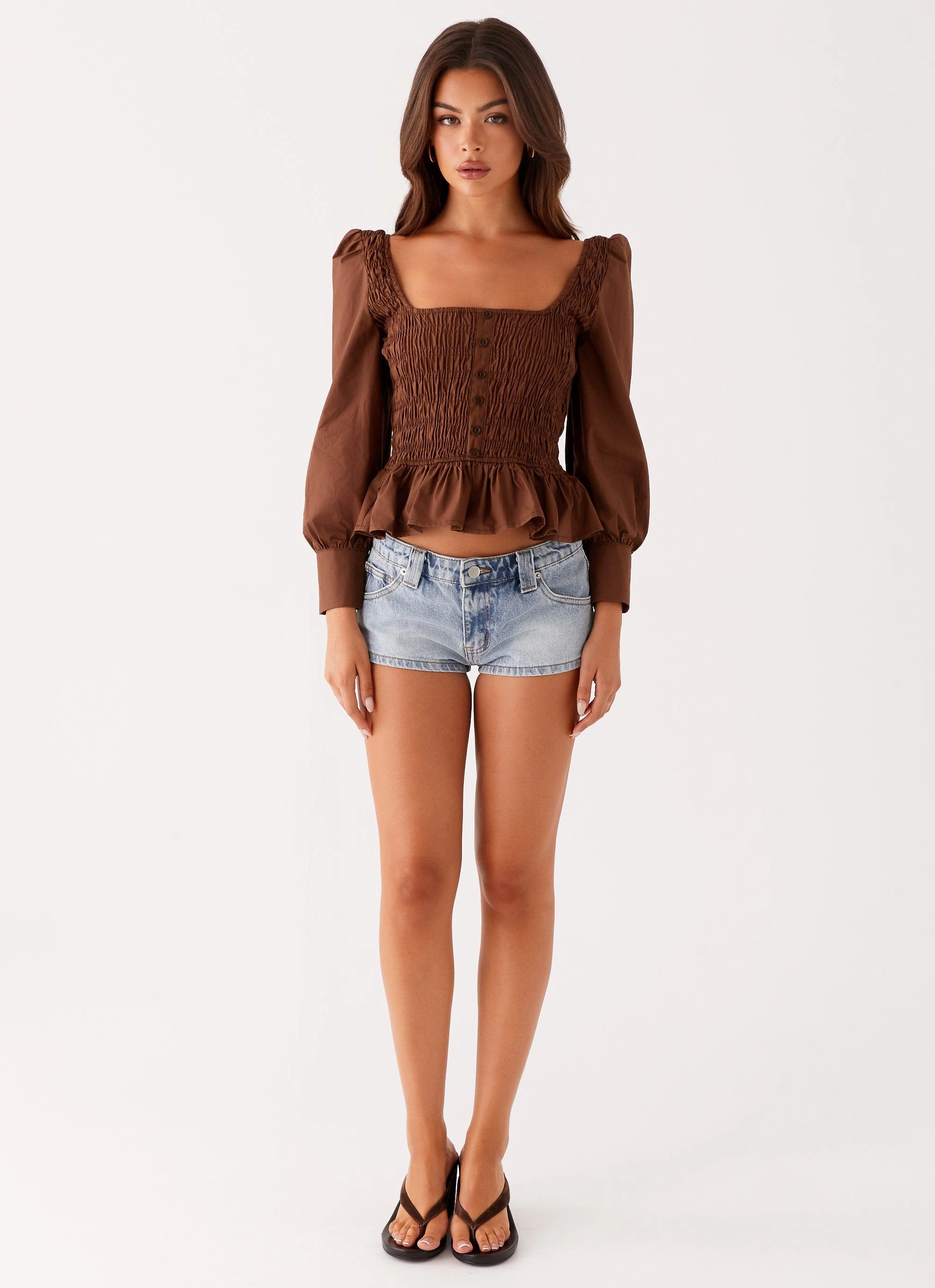 Reversible design Joyce Long Sleeve Shirred Top - Chocolate
