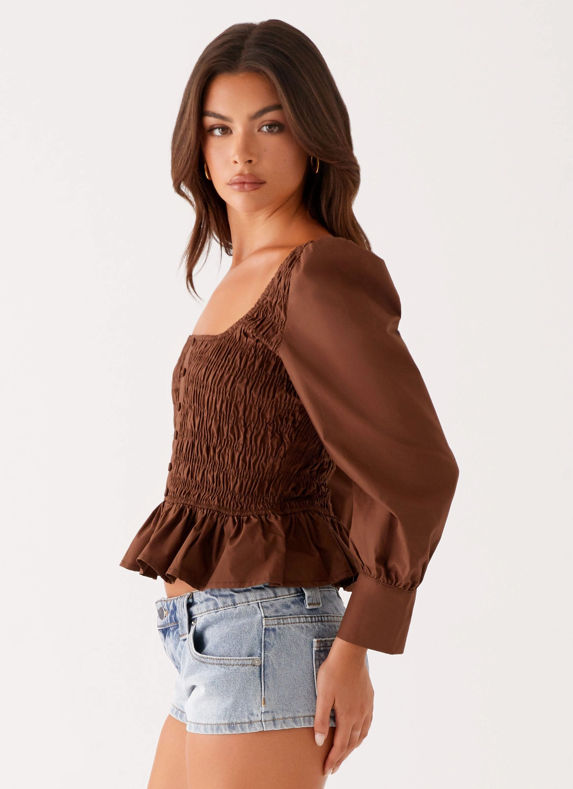 Joyce Long Sleeve Shirred Top - Chocolate Adjustable Fit System