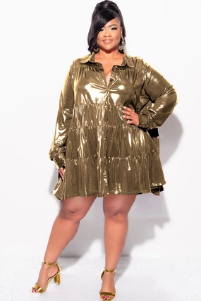 AntiPillingTreatment Final Sale Plus Size Shirt Dress in Metallic Gold