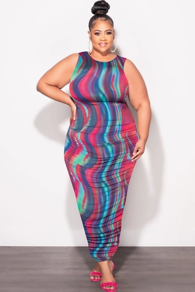 Athletic Flex Wear Slim Stretch Fit Final Sale Plus Size Sleeveless Ruched Dress In Multi Color Print
