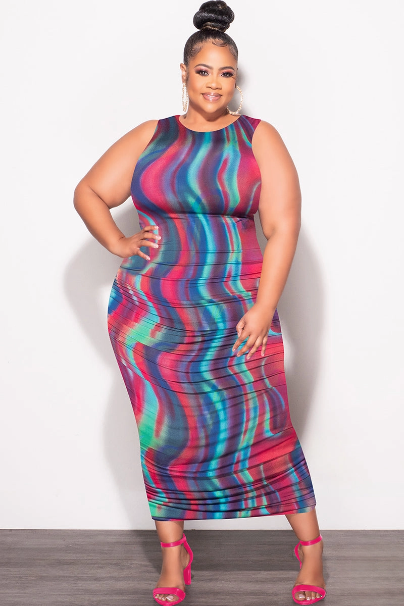 RecycledPolyester TaglessLabel Final Sale Plus Size Sleeveless Ruched Dress In Multi Color Print