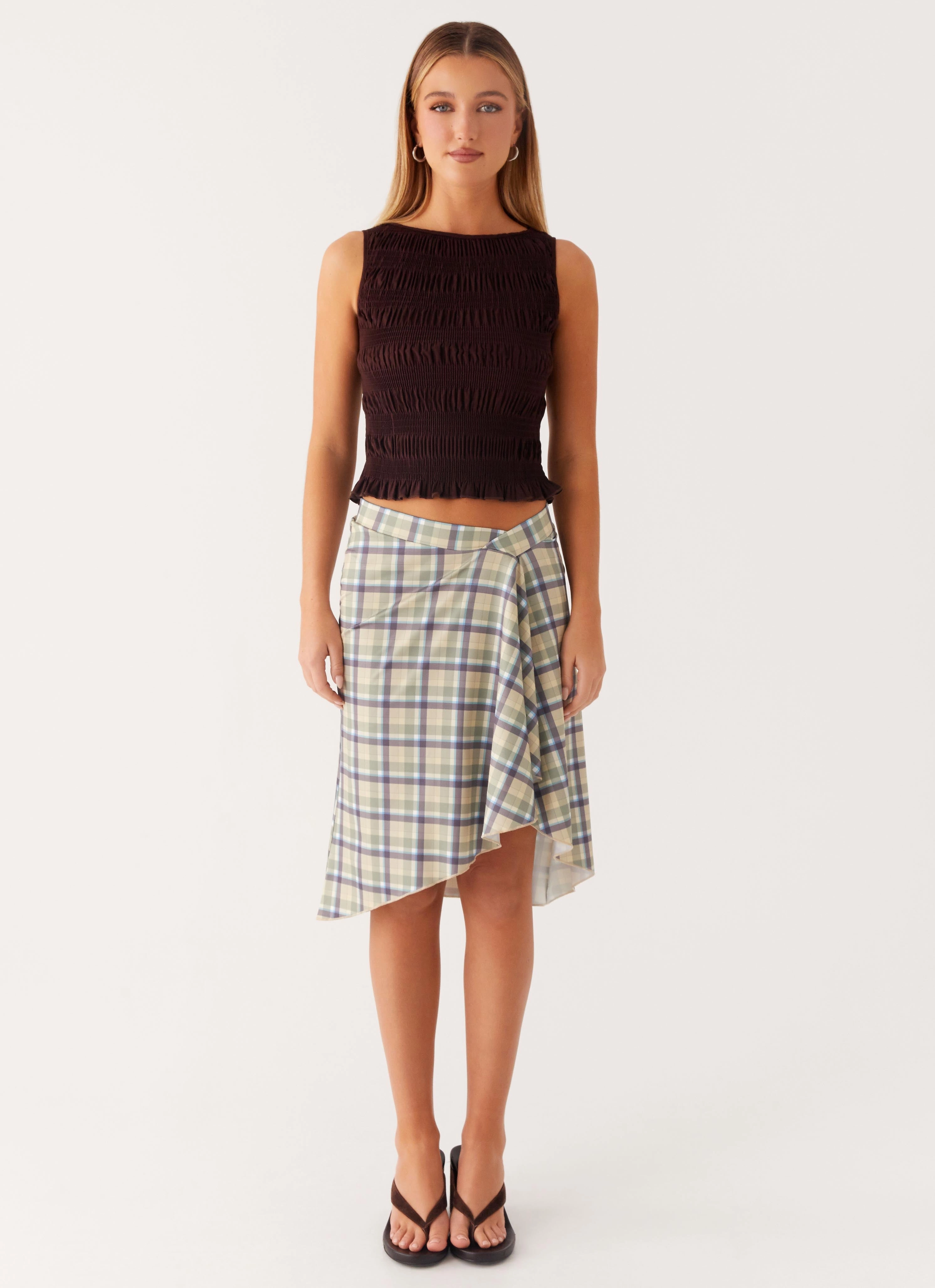 Active Lifestyle Polished Look Shes A Lady Midi Skirt - Cedar Check