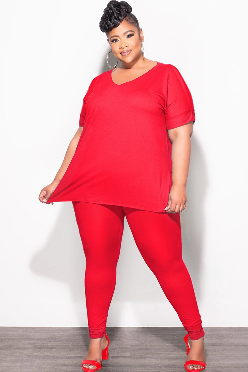 Final Sale Plus Size 2pc V-Neck Tunic Top and Matching Legging Set in Red FadeResistantTreatment Low Profile