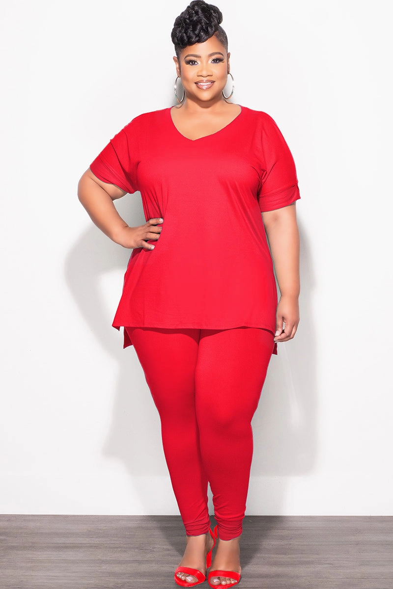 ElasticWaist Adjustable Drawcord Final Sale Plus Size 2pc V-Neck Tunic Top and Matching Legging Set in Red