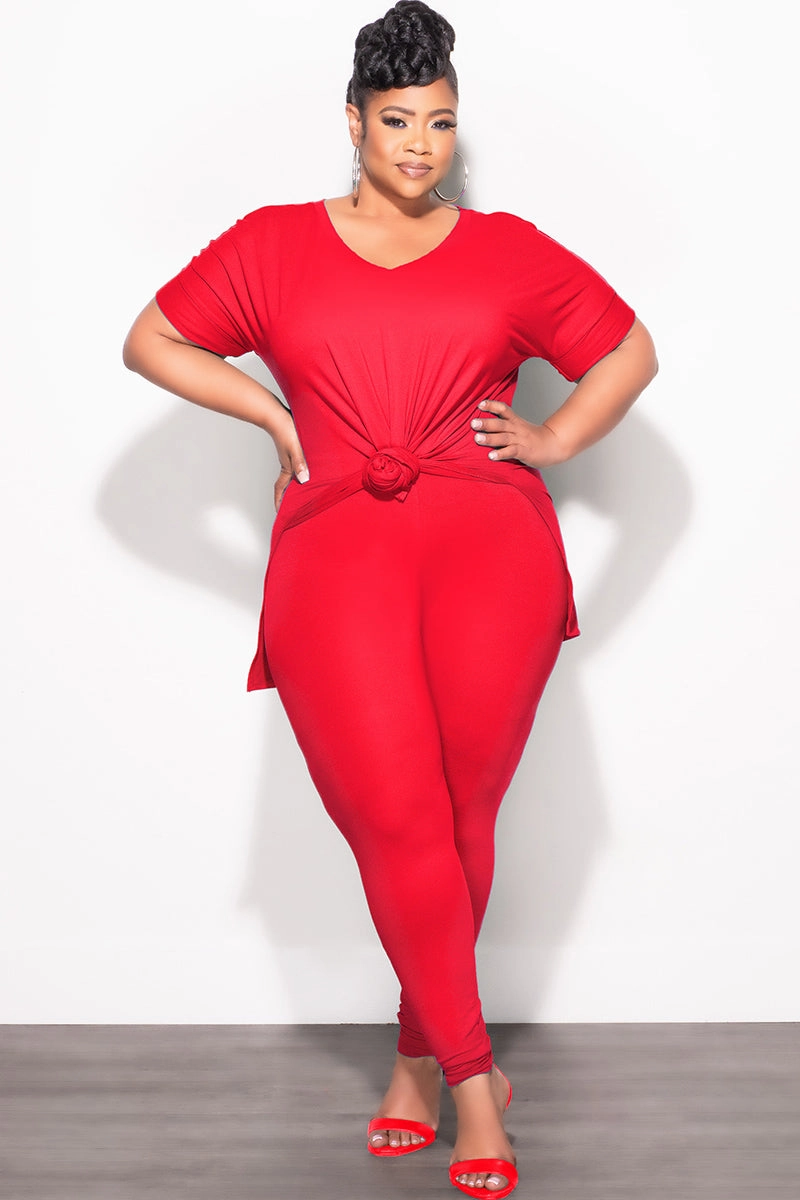 Non Irritating Tags Final Sale Plus Size 2pc V-Neck Tunic Top and Matching Legging Set in Red