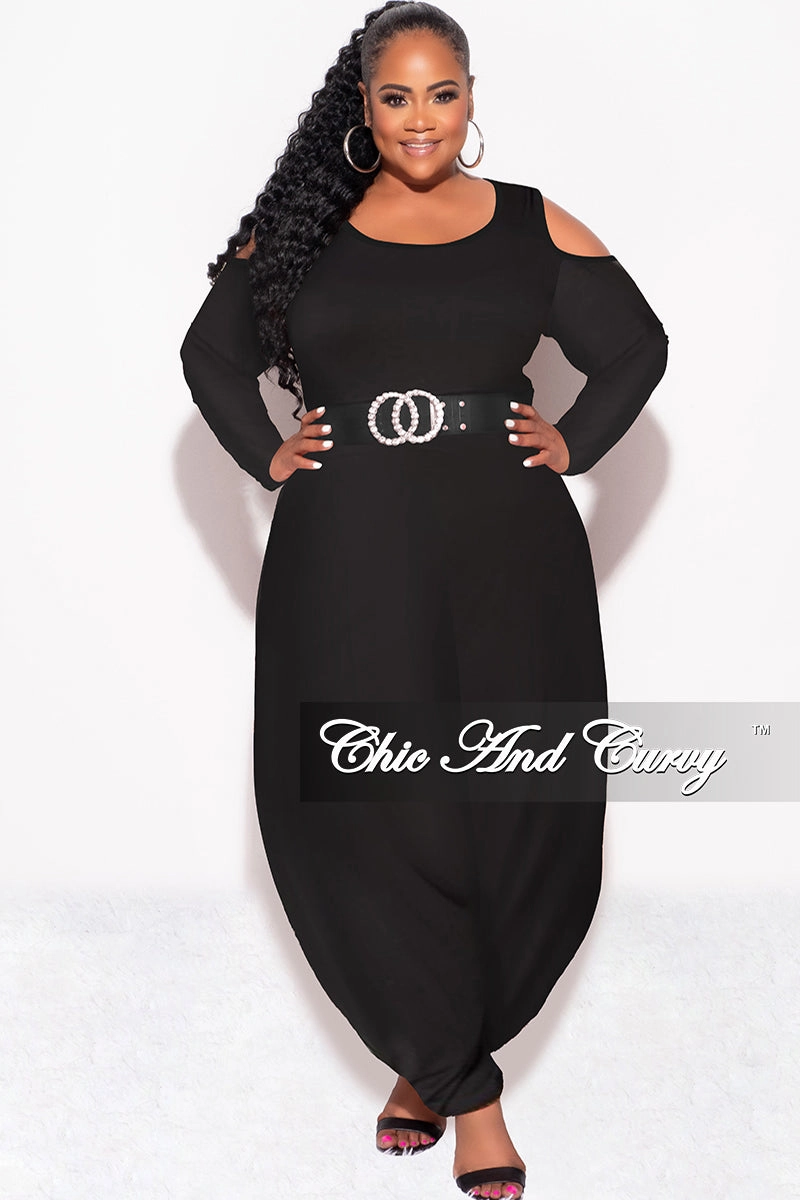 Final Sale Plus Size Cold Shoulder Harem Jumpsuit in Black Neutral Fit