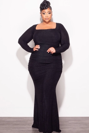 Final Sale Plus Metallic Square Neck Maxi Dress in Black Fashionable Cut