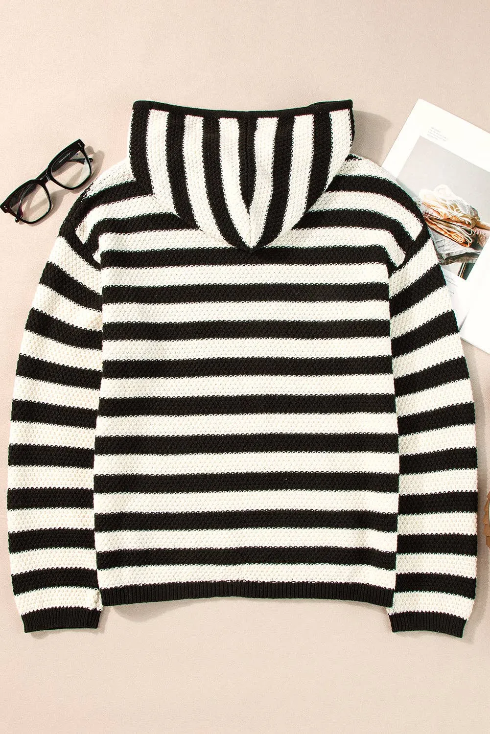 Stripe Drawstring Hooded V-Neck Sweater: White Stripe