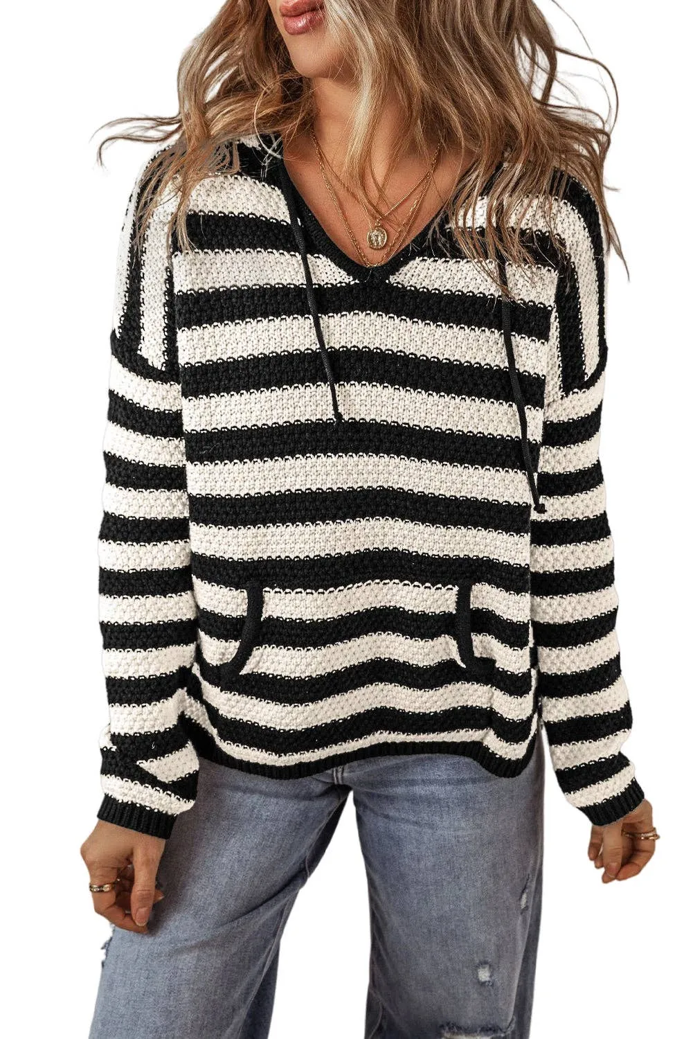 Stripe Drawstring Hooded V-Neck Sweater: White Stripe