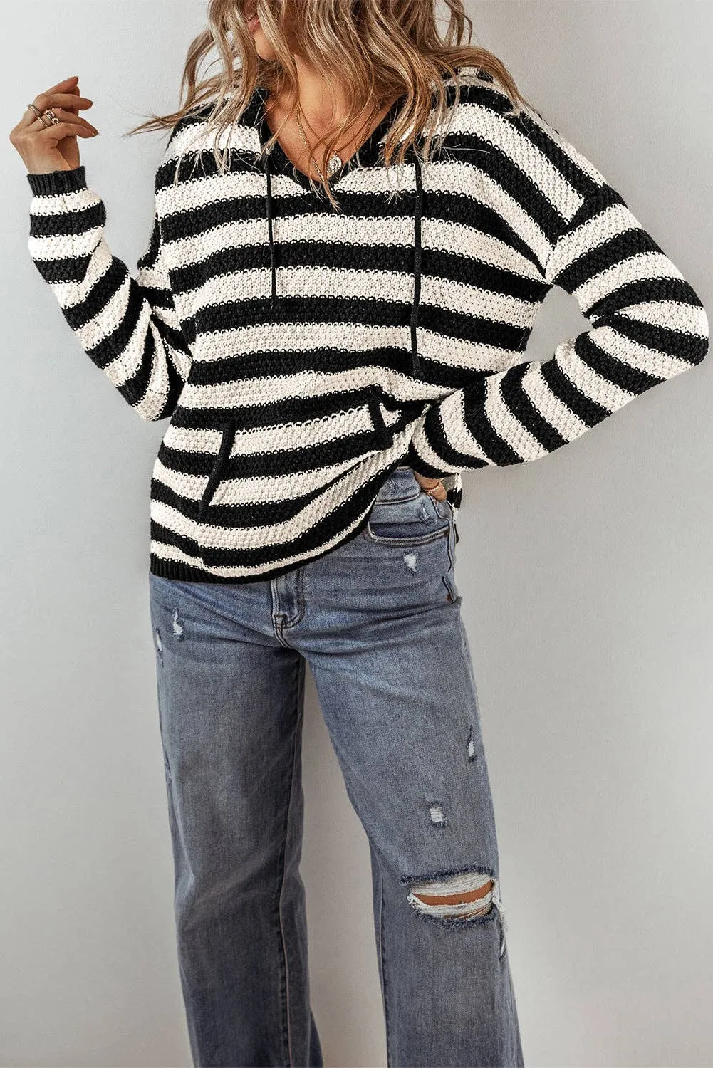 Stripe Drawstring Hooded V-Neck Sweater: White Stripe