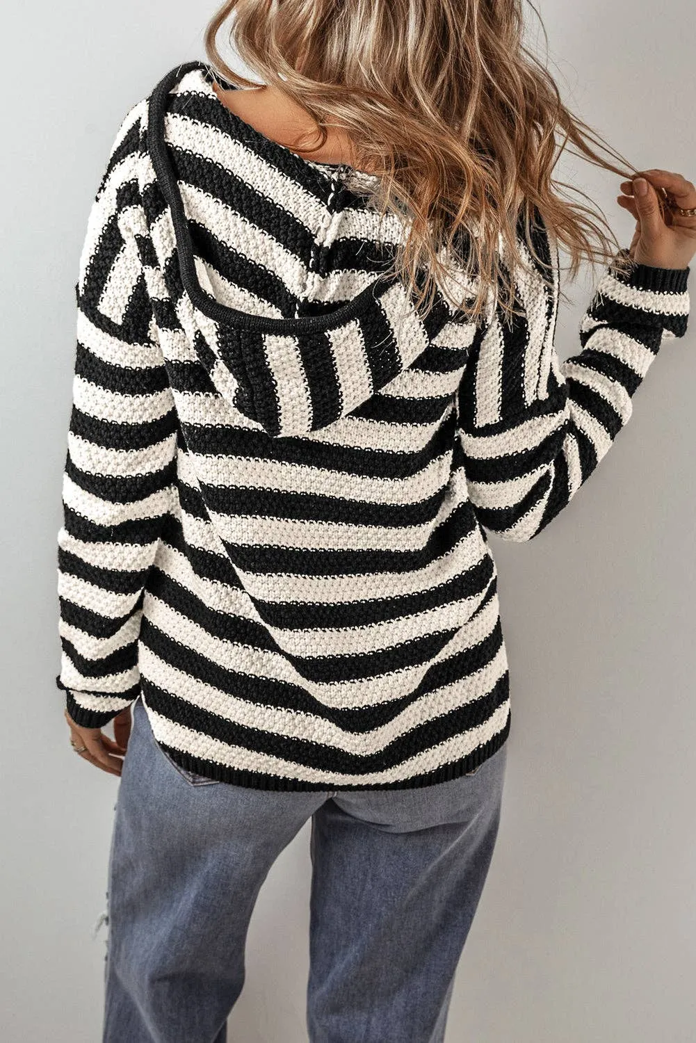 Stripe Drawstring Hooded V-Neck Sweater: White Stripe