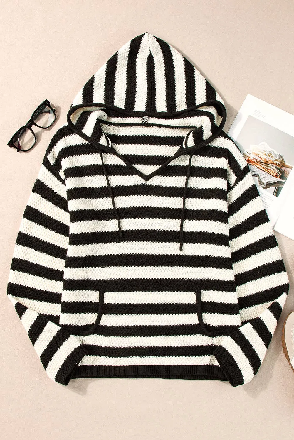 Stripe Drawstring Hooded V-Neck Sweater: White Stripe