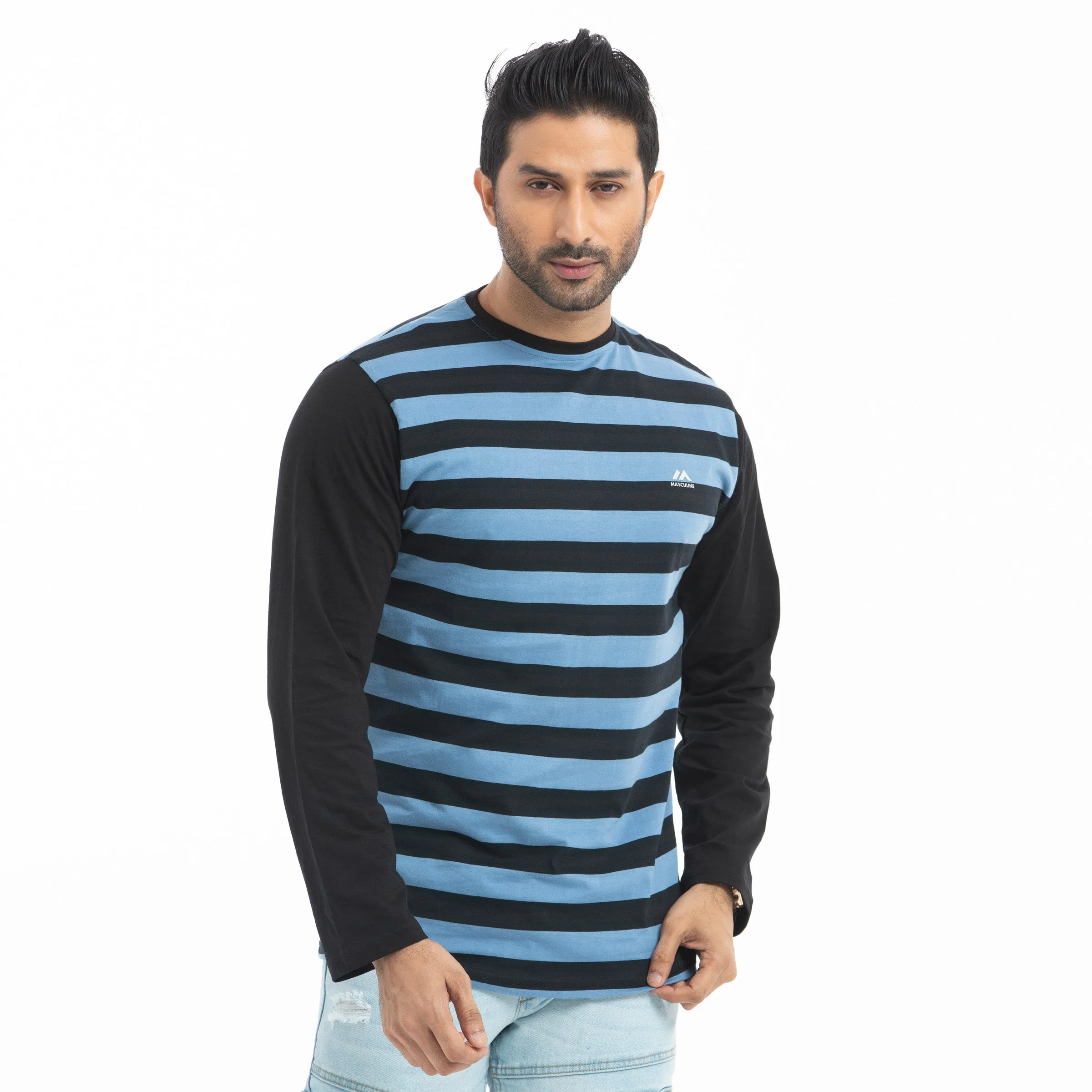Stripe Long Sleeve T-shirt - cyan and black
