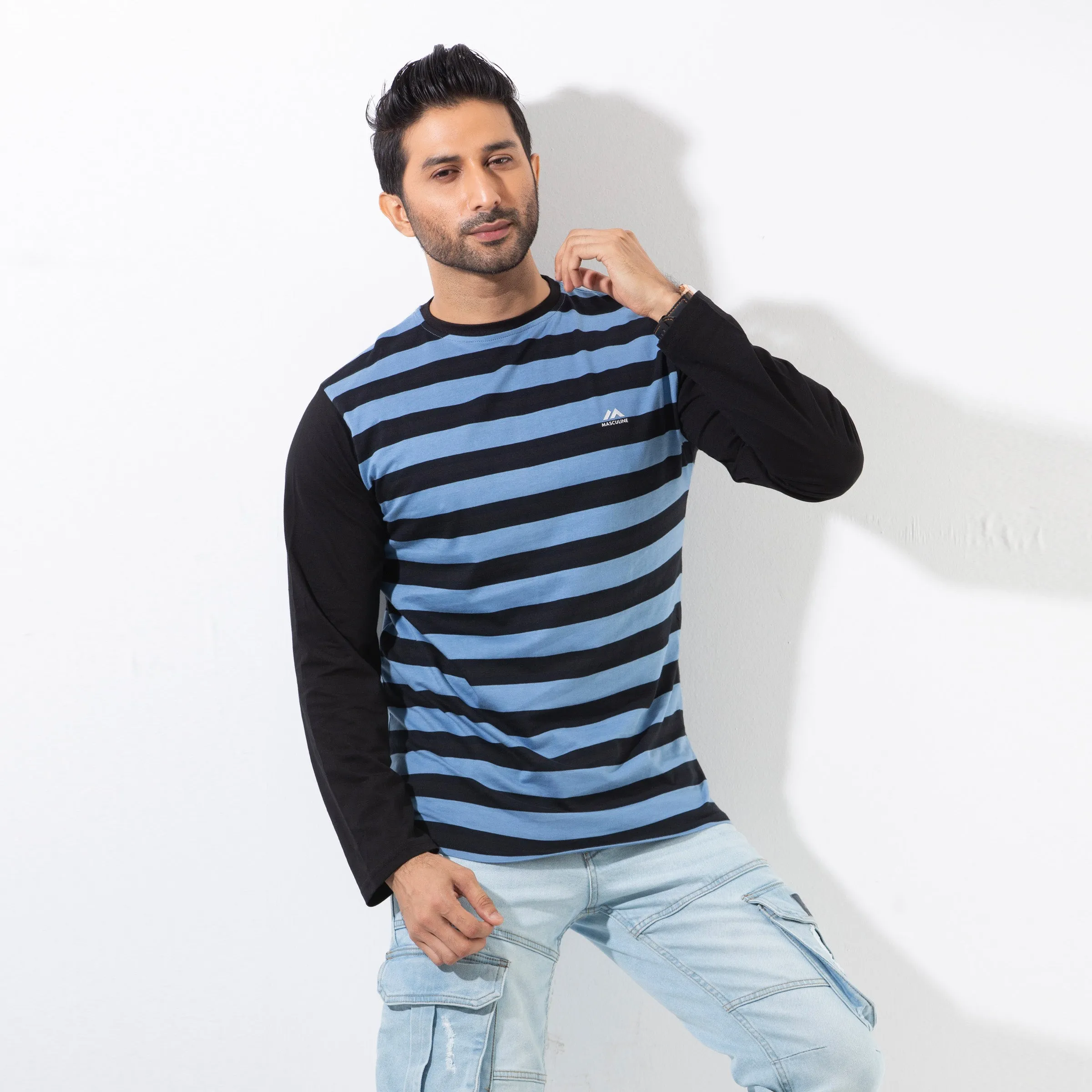 Stripe Long Sleeve T-shirt - cyan and black