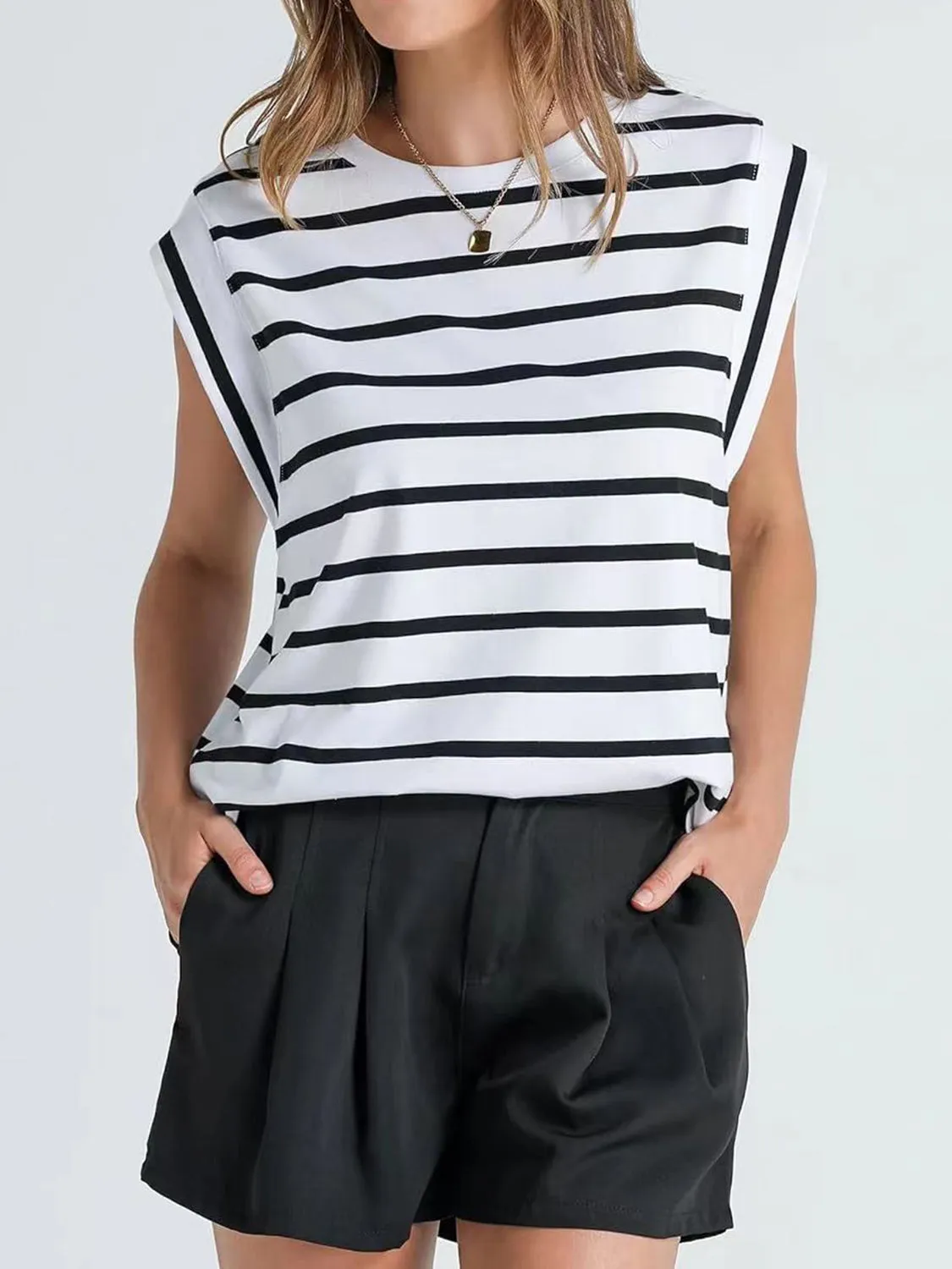 Striped Round Neck Cap Sleeve T-Shirt Women's Short Sleeve Top With Stripes KESLEY
