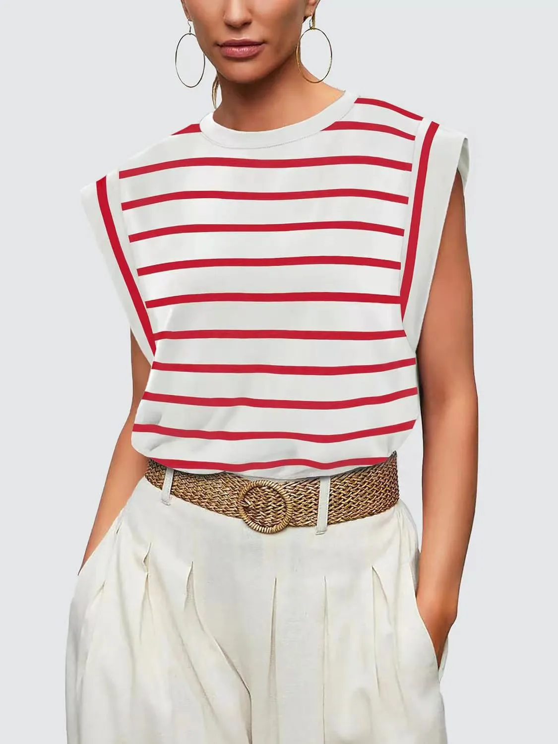 Striped Round Neck Cap Sleeve T-Shirt Women's Short Sleeve Top With Stripes KESLEY