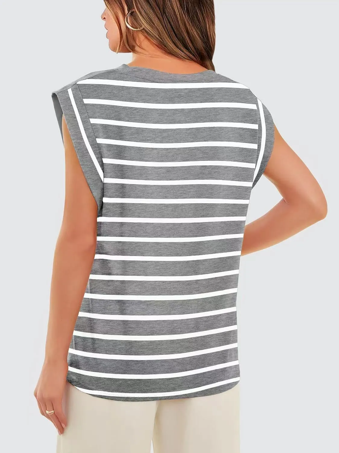 Striped Round Neck Cap Sleeve T-Shirt Women's Short Sleeve Top With Stripes KESLEY
