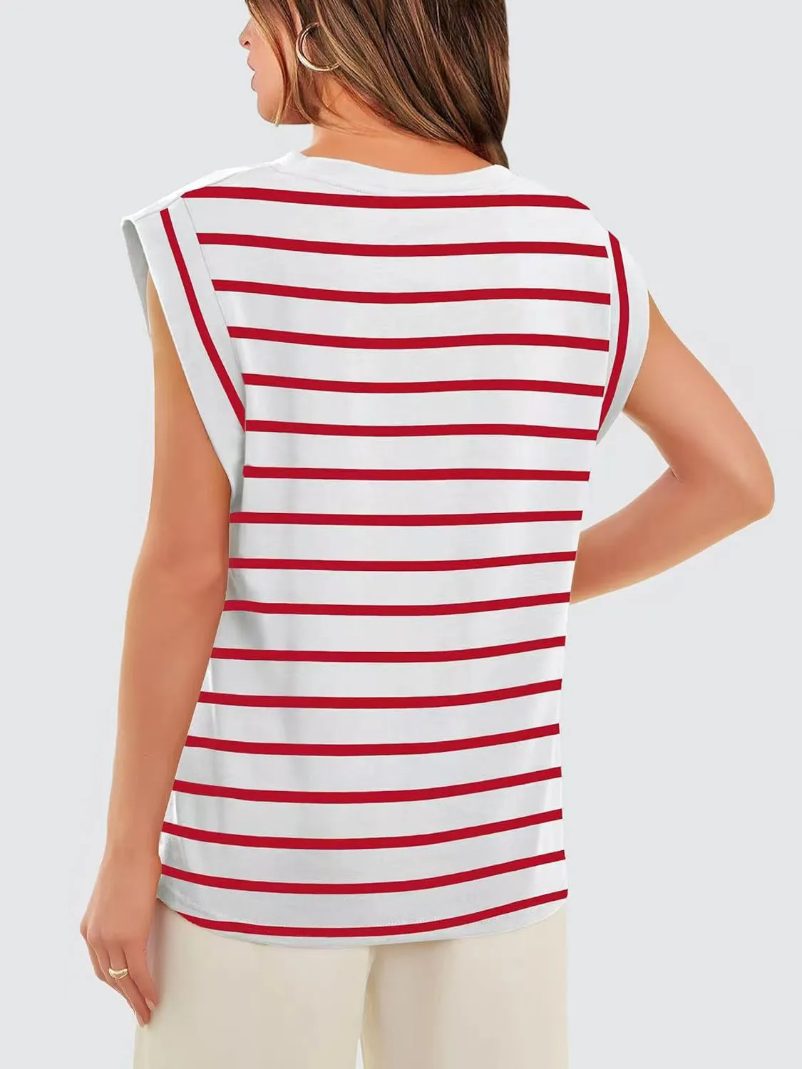 Striped Round Neck Cap Sleeve T-Shirt Women's Short Sleeve Top With Stripes KESLEY