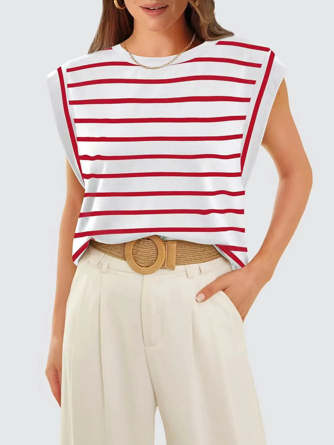 Striped Round Neck Cap Sleeve T-Shirt Women's Short Sleeve Top With Stripes KESLEY