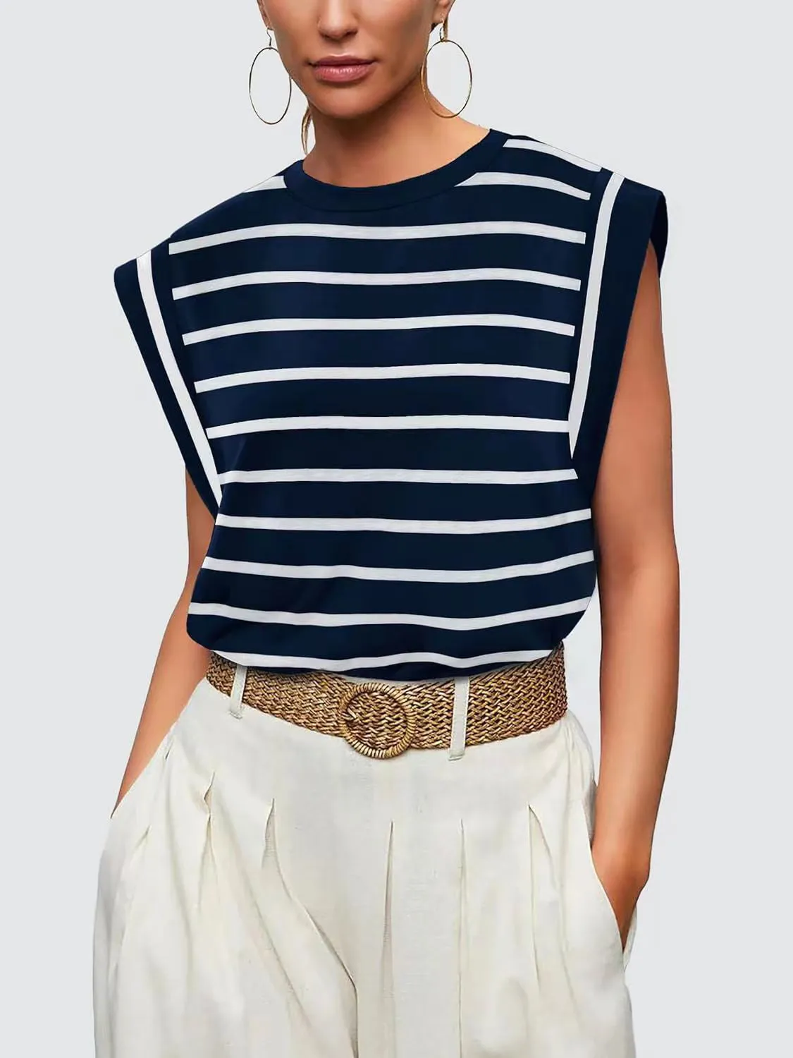 Striped Round Neck Cap Sleeve T-Shirt Women's Short Sleeve Top With Stripes KESLEY