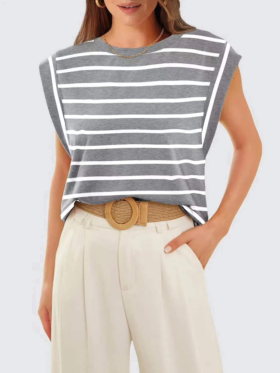 Striped Round Neck Cap Sleeve T-Shirt Women's Short Sleeve Top With Stripes KESLEY