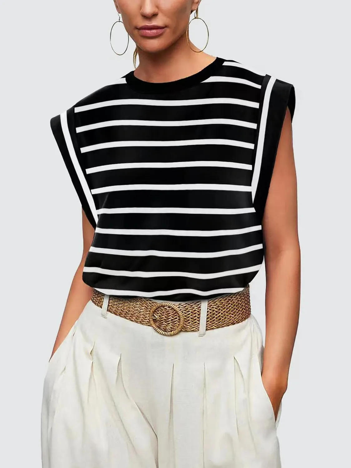 Striped Round Neck Cap Sleeve T-Shirt Women's Short Sleeve Top With Stripes KESLEY
