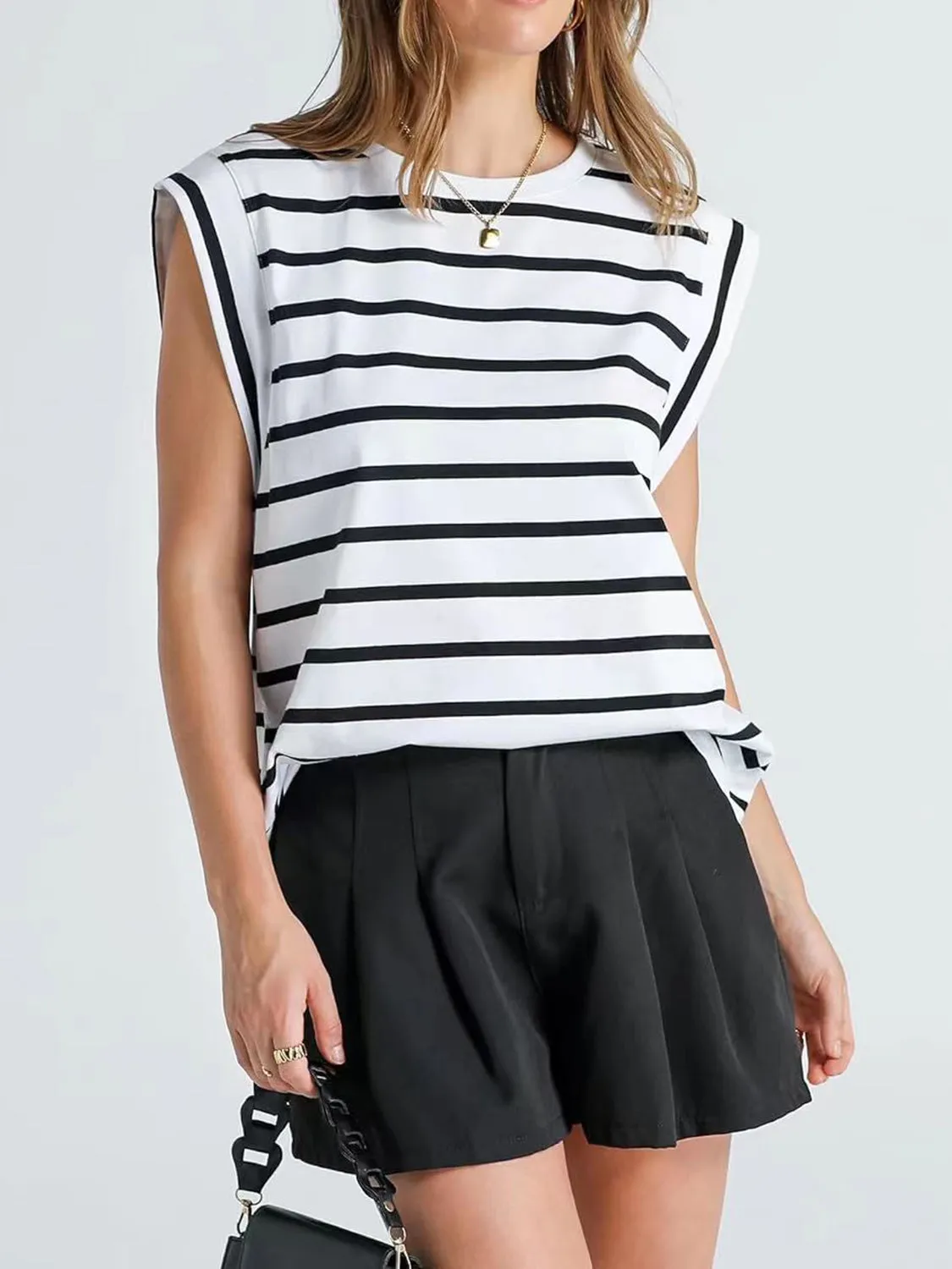 Striped Round Neck Cap Sleeve T-Shirt Women's Short Sleeve Top With Stripes KESLEY