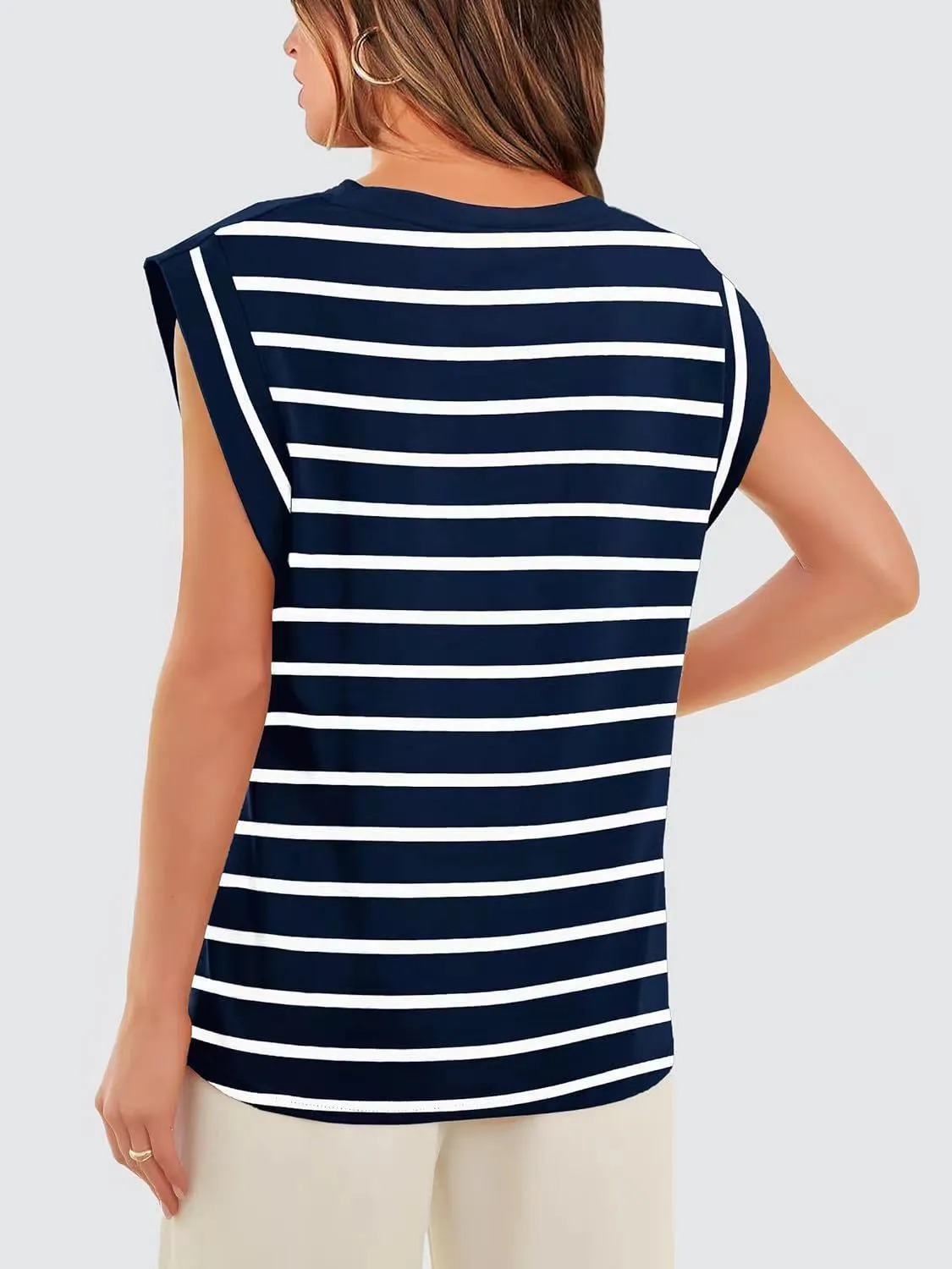 Striped Round Neck Cap Sleeve T-Shirt Women's Short Sleeve Top With Stripes KESLEY