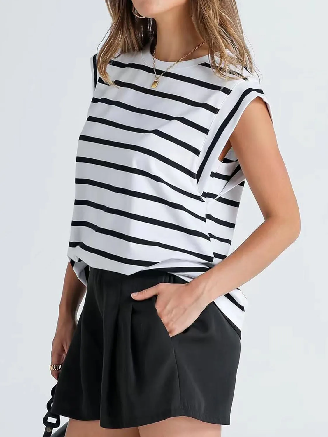 Striped Round Neck Cap Sleeve T-Shirt Women's Short Sleeve Top With Stripes KESLEY
