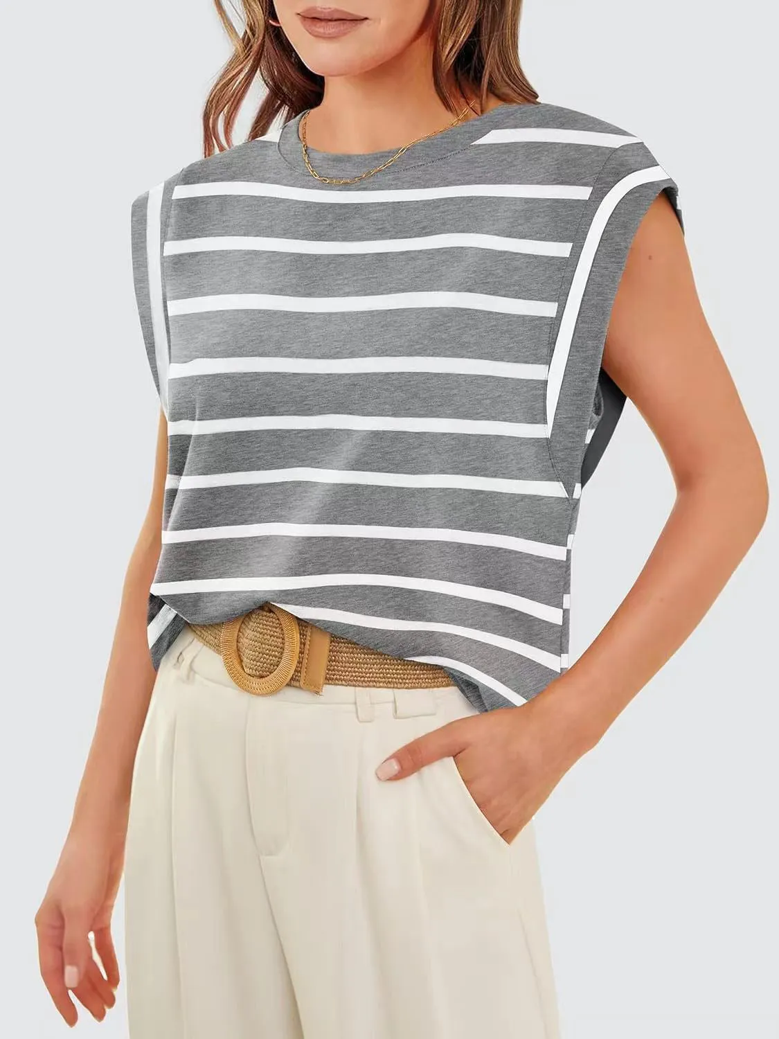 Striped Round Neck Cap Sleeve T-Shirt Women's Short Sleeve Top With Stripes KESLEY