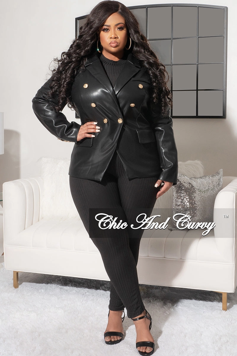 Final Sale Plus Size Faux Leather Blazer Jacket in Black with Gold Accents Street Utility SoftLining